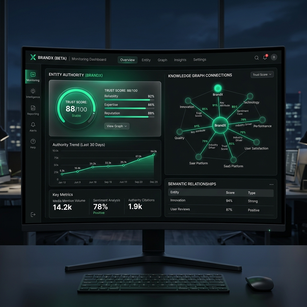 Dashboard ukazující skóre autority entity a sílu sémantických vazeb ve znalostním grafu AI