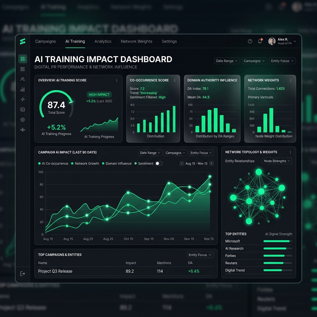 Dashboard ukazující vliv Co-occurrence a měřící, jak PR kampaň formuje váhy v neuronové síti AI