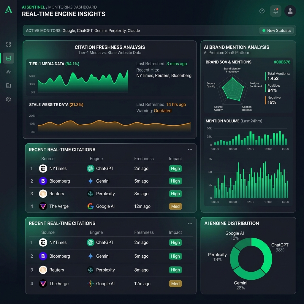 Dark-mode dashboard monitorující Real-Time citace a zmínky značky v AI vyhledávačích