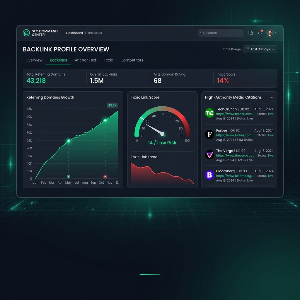 Dark-mode dashboard monitorující zdraví odkazového profilu, toxic skóre a seznam prémiových odkazujících domén