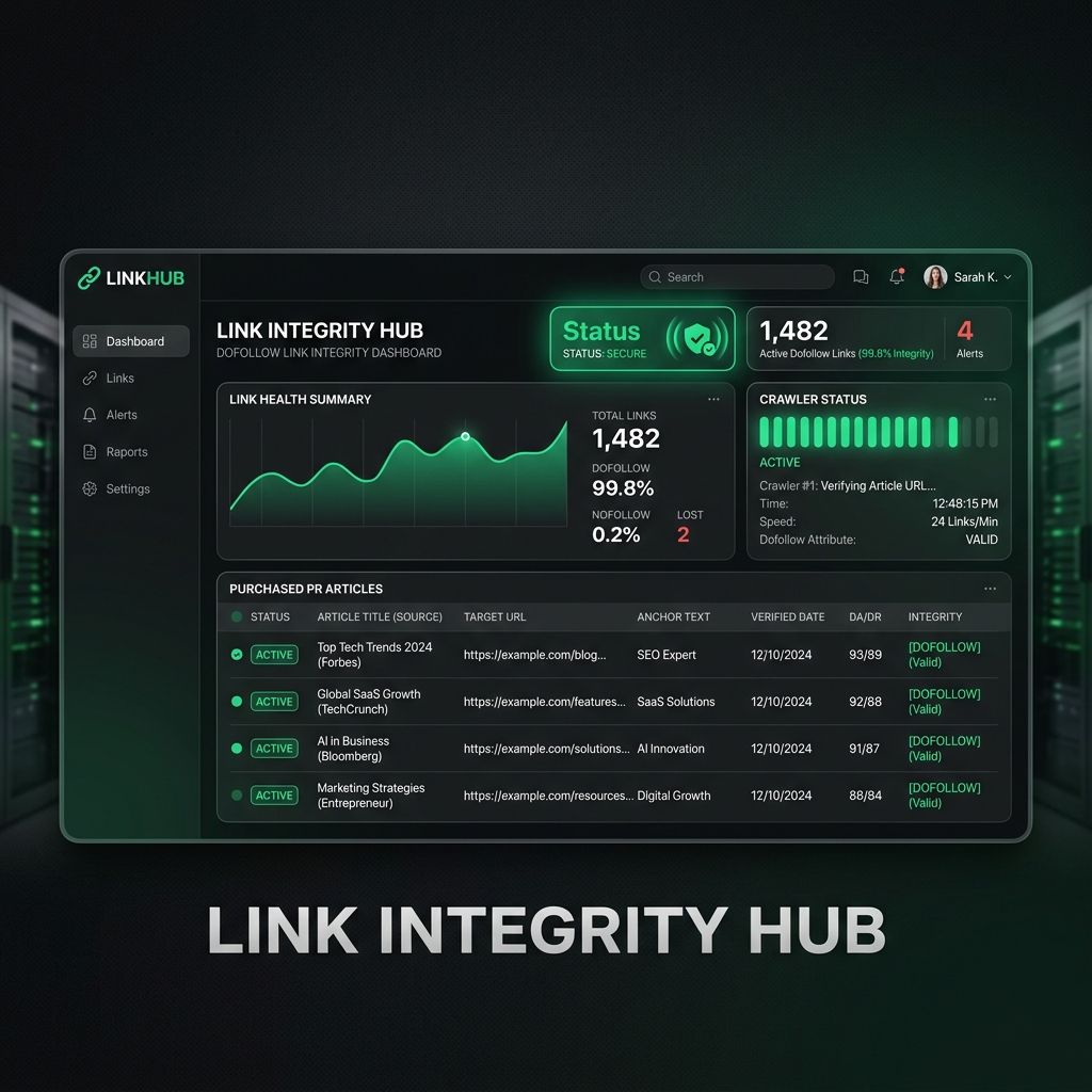 Dark-mode dashboard kontrolující dofollow integritu: Zelený indikátor potvrzuje nepřerušené předávání SEO autority u nakoupených článků