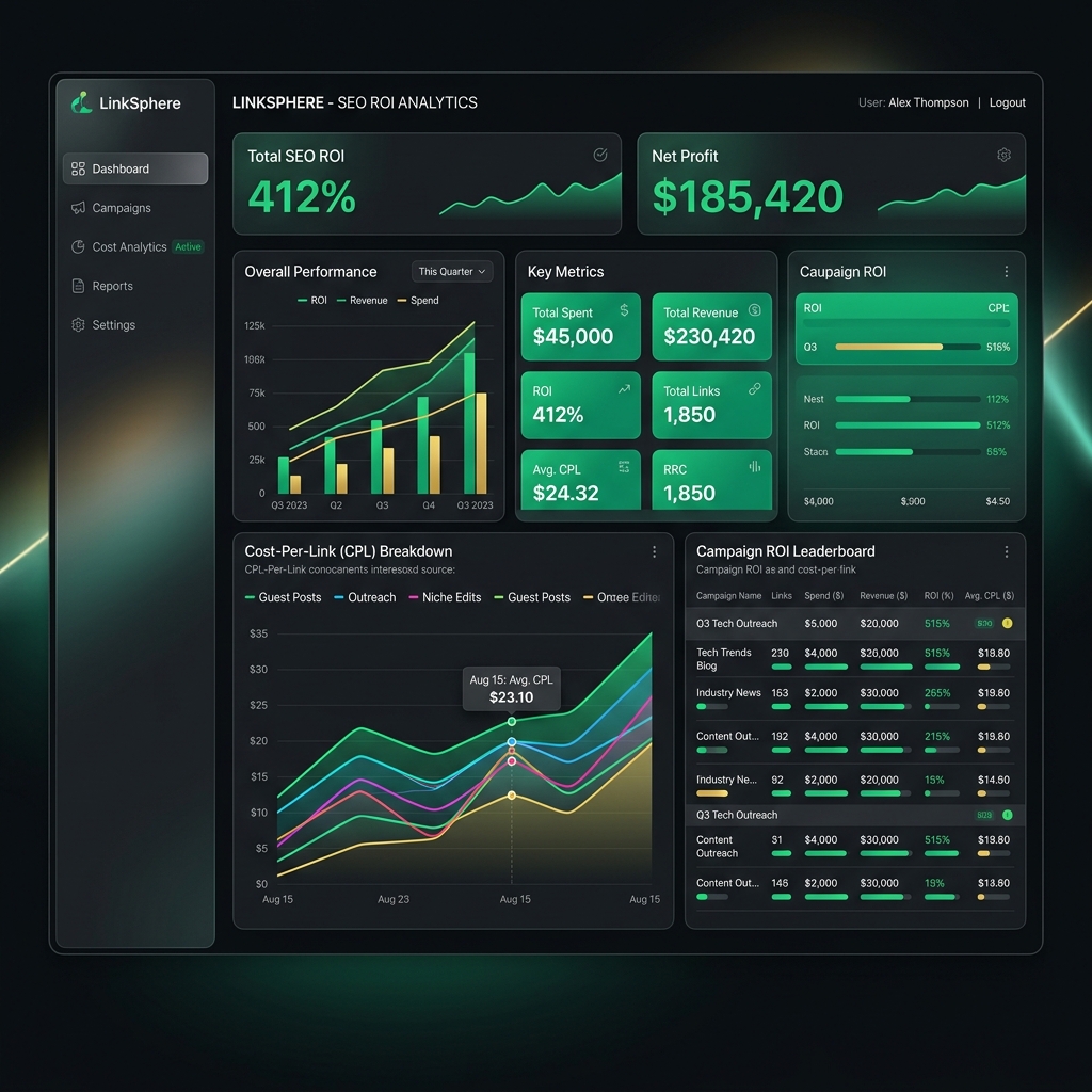 ROI Dashboard pro kalkulaci nákladů na zpětné odkazy