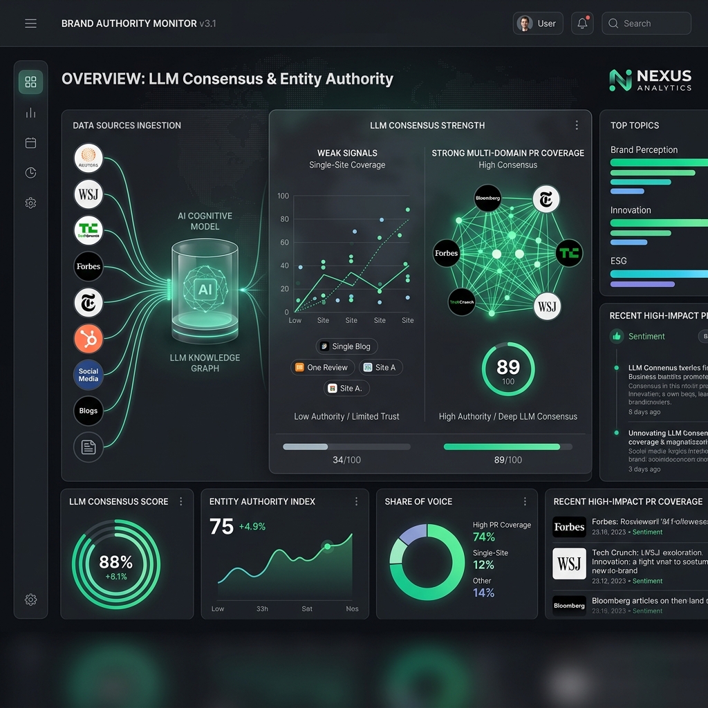 Dark-mode dashboard monitorující LLM konsenzus a sílu mediálních zmínek pro AI