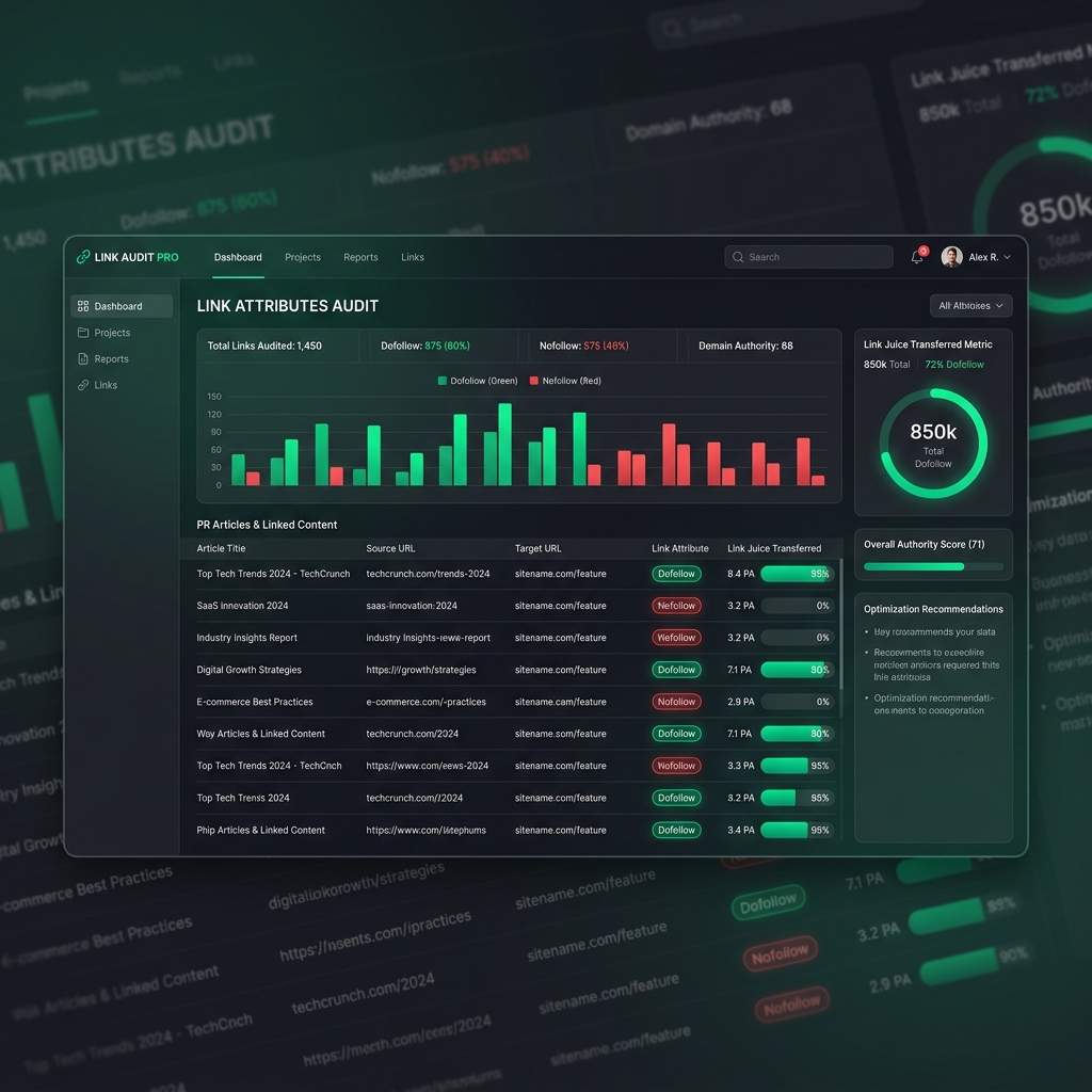 Dark-mode dashboard kontrolující atributy nakoupených odkazů: dofollow a nofollow identifikace