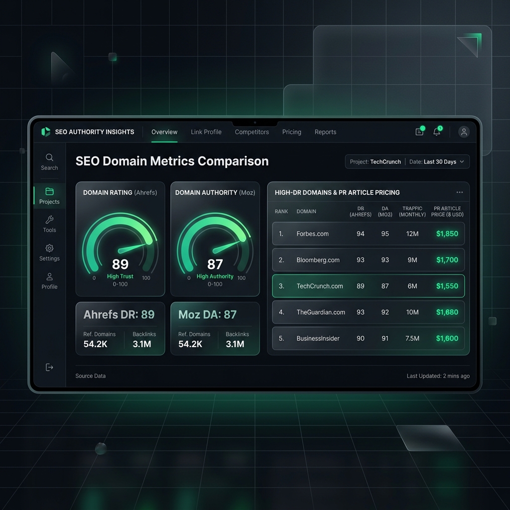 Dark-mode dashboard porovnávající Domain Rating od Ahrefs s ceníkem PR článků prémiových vydavatelů