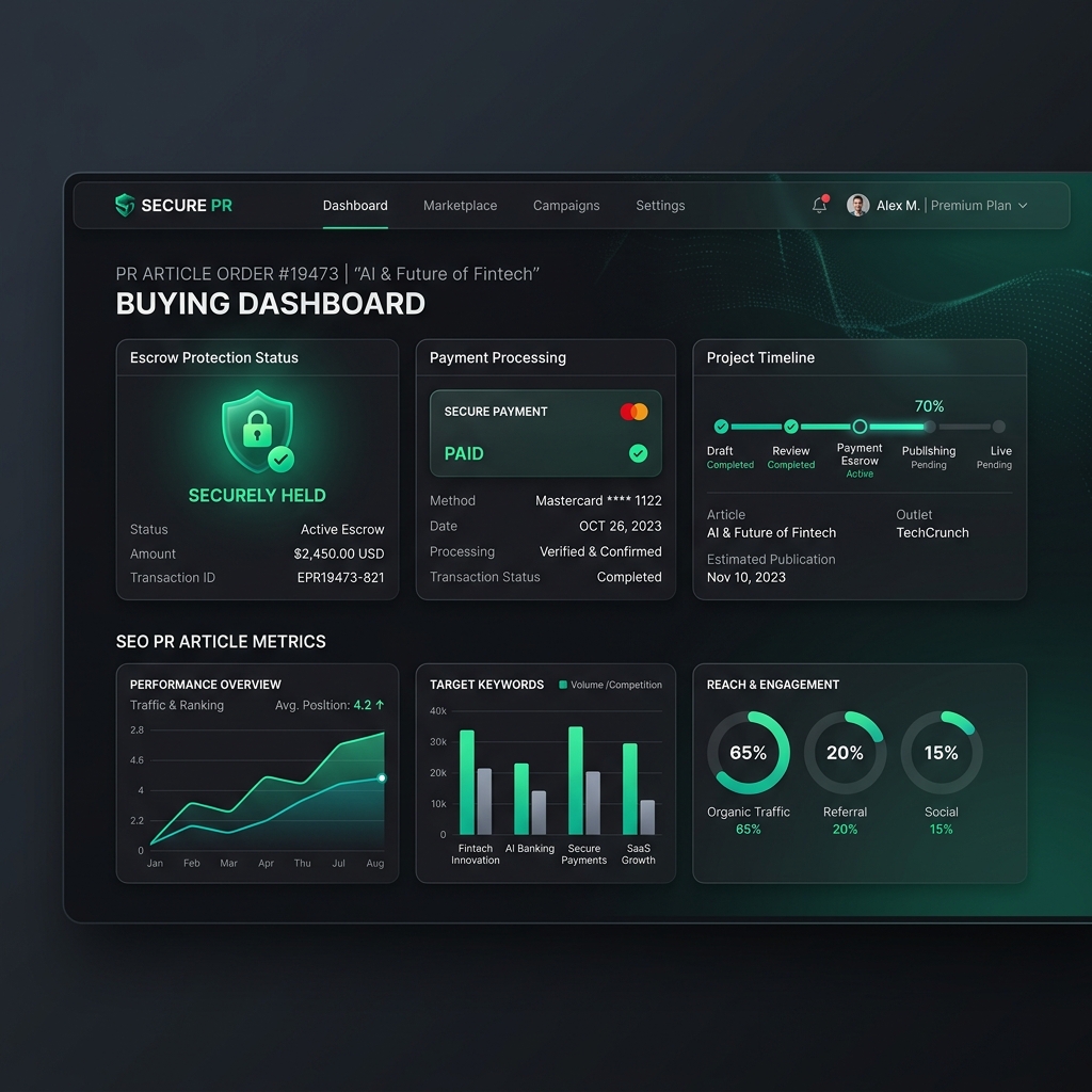 Dark-mode dashboard se zobrazením escrow ochrany plateb v SEO platformě