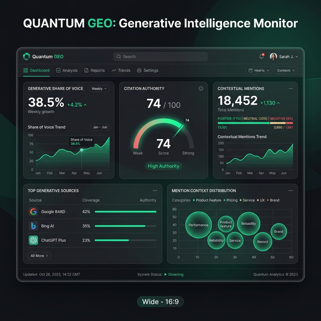 Dark-mode dashboard pro měření GEO metrik a autority značky v AI modelech