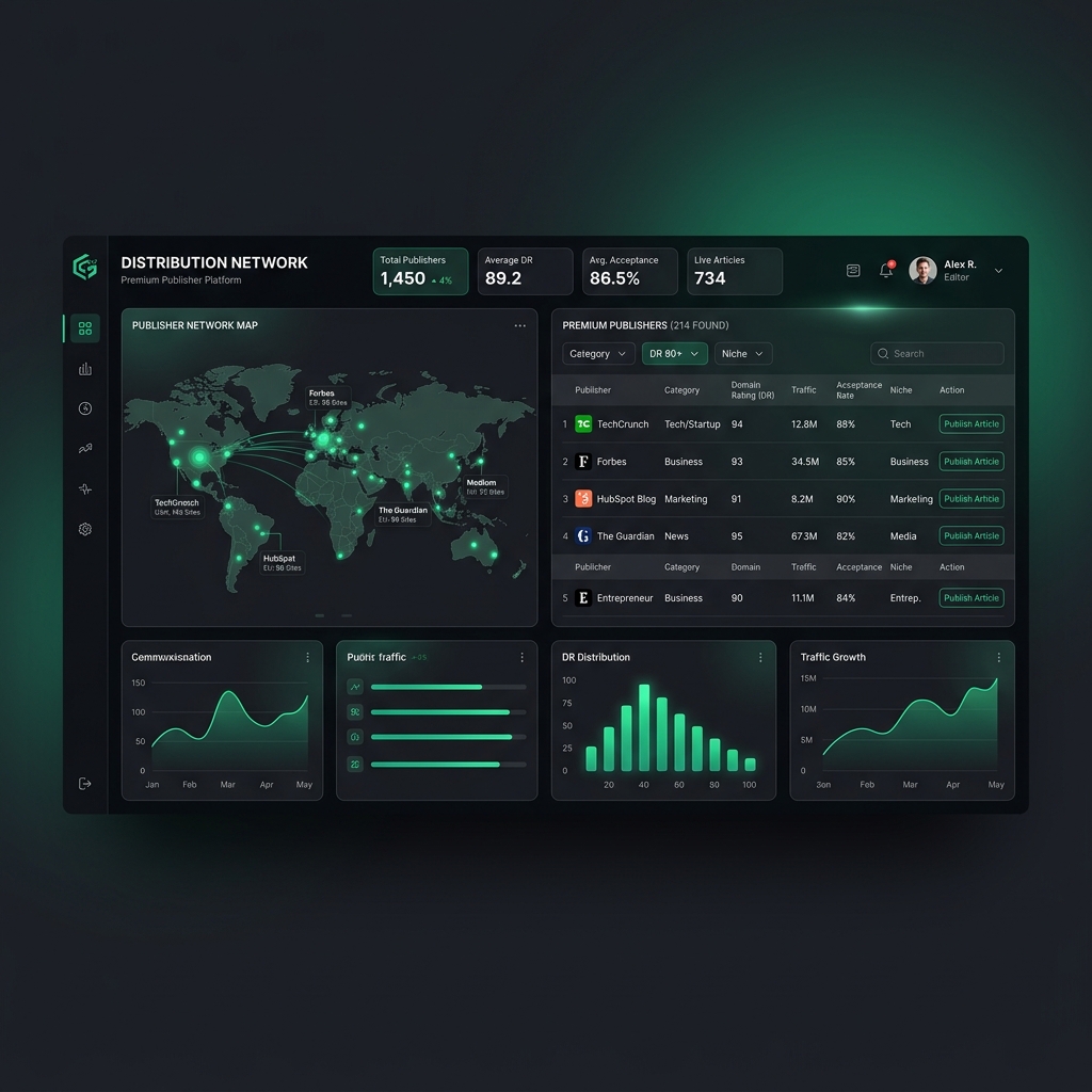 Dark-mode dashboard zobrazující distribuční síť pro publikaci Guest Postů s metrikami přijetí a doménové autority jednotlivých webů