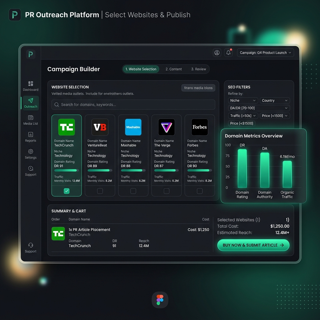 Dark-mode dashboard pro nákup PR článků s escrow systémem