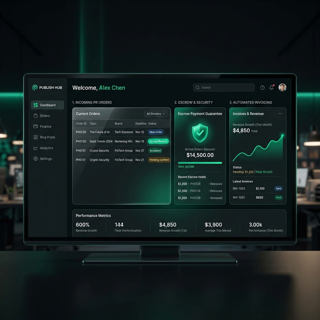 Dark-mode dashboard vydavatele se zobrazením objednávek PR článků a výdělků