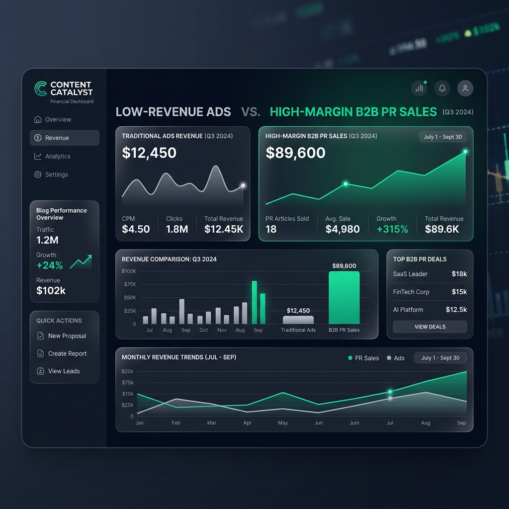 Dark-mode finanční dashboard srovnávající výnosy z bannerů a prodeje SEO článků