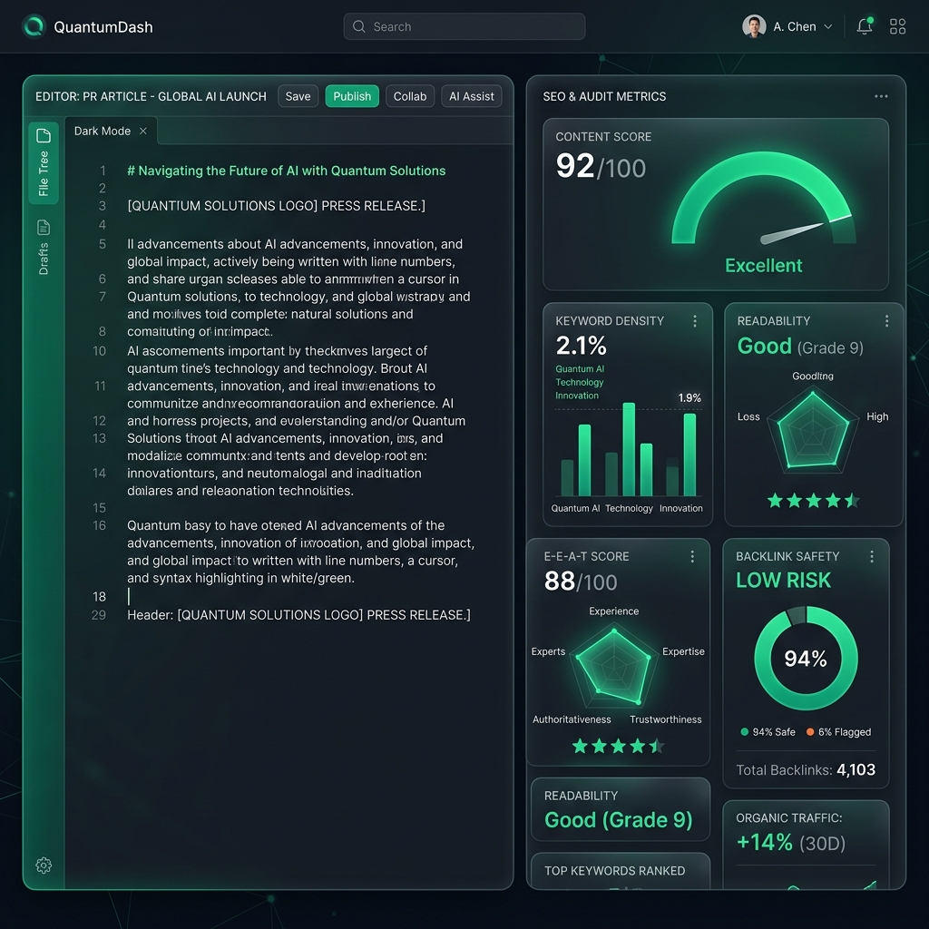 Dark-mode dashboard se zobrazením analýzy SEO struktury PR článku
