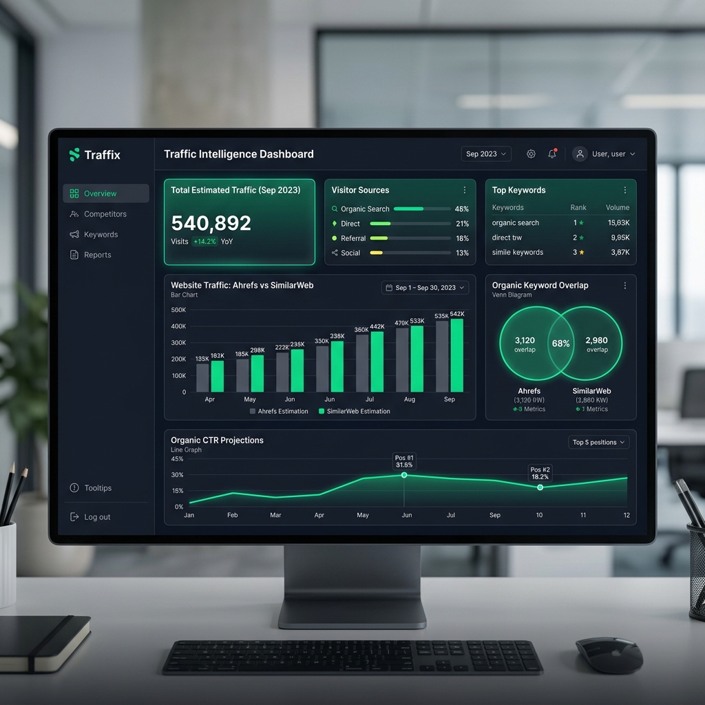 Dark-mode dashboard srovnávající odhady návštěvnosti, organická klíčová slova a CTR predikce
