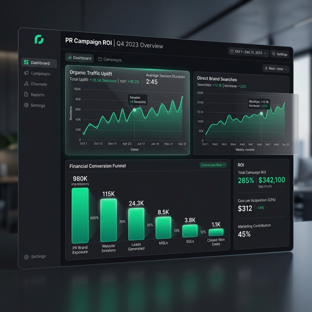Dark-mode dashboard demonstrující výpočet ROI pomocí atribuce organické návštěvnosti a nárůstu brandového vyhledávání