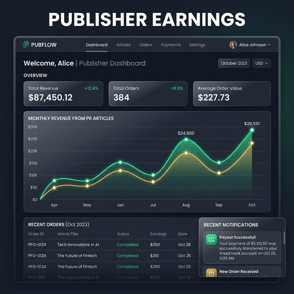 Dark-mode dashboard vydavatele: Grafy měsíčních příjmů z prodeje PR článků a notifikace o proplacení honoráře