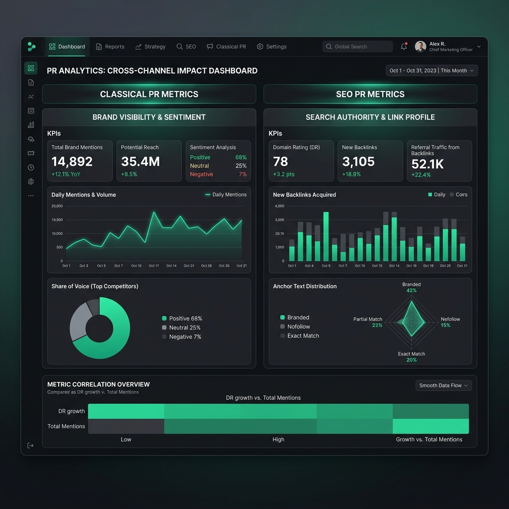 Dark-mode dashboard analyzující metriky SEO PR článku