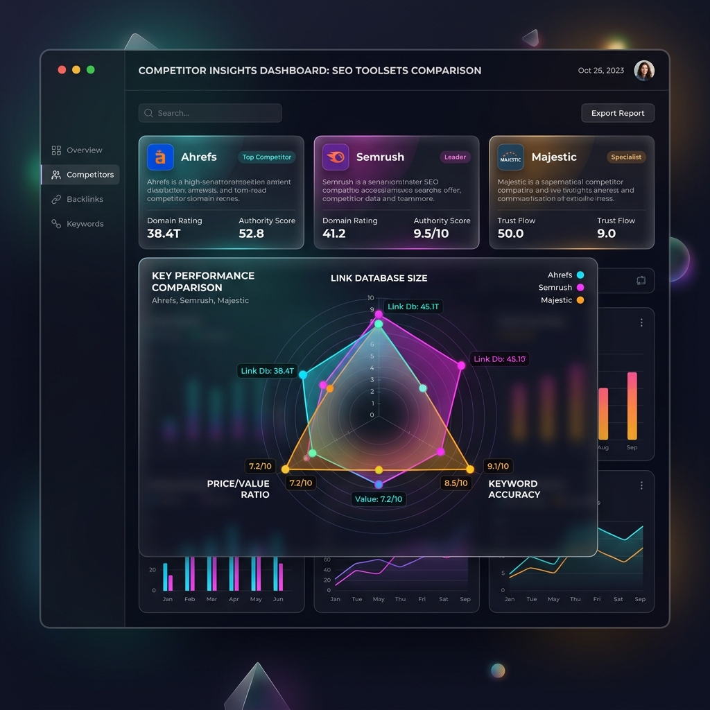 Porovnání funkcí a metrik nástrojů Ahrefs, Semrush a Majestic na přehledném radaru