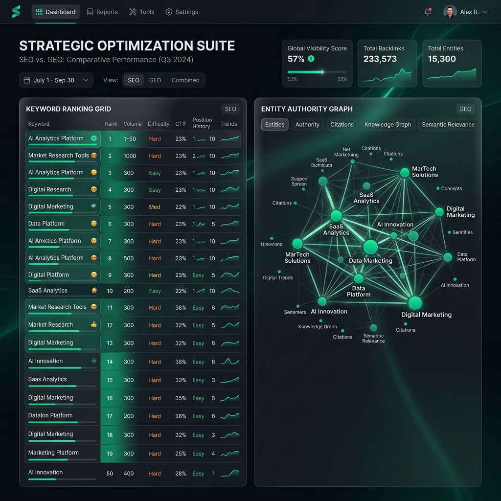 Srovnání tradičních SEO metrik a pokročilého GEO měření entit v moderním SaaS dashboardu