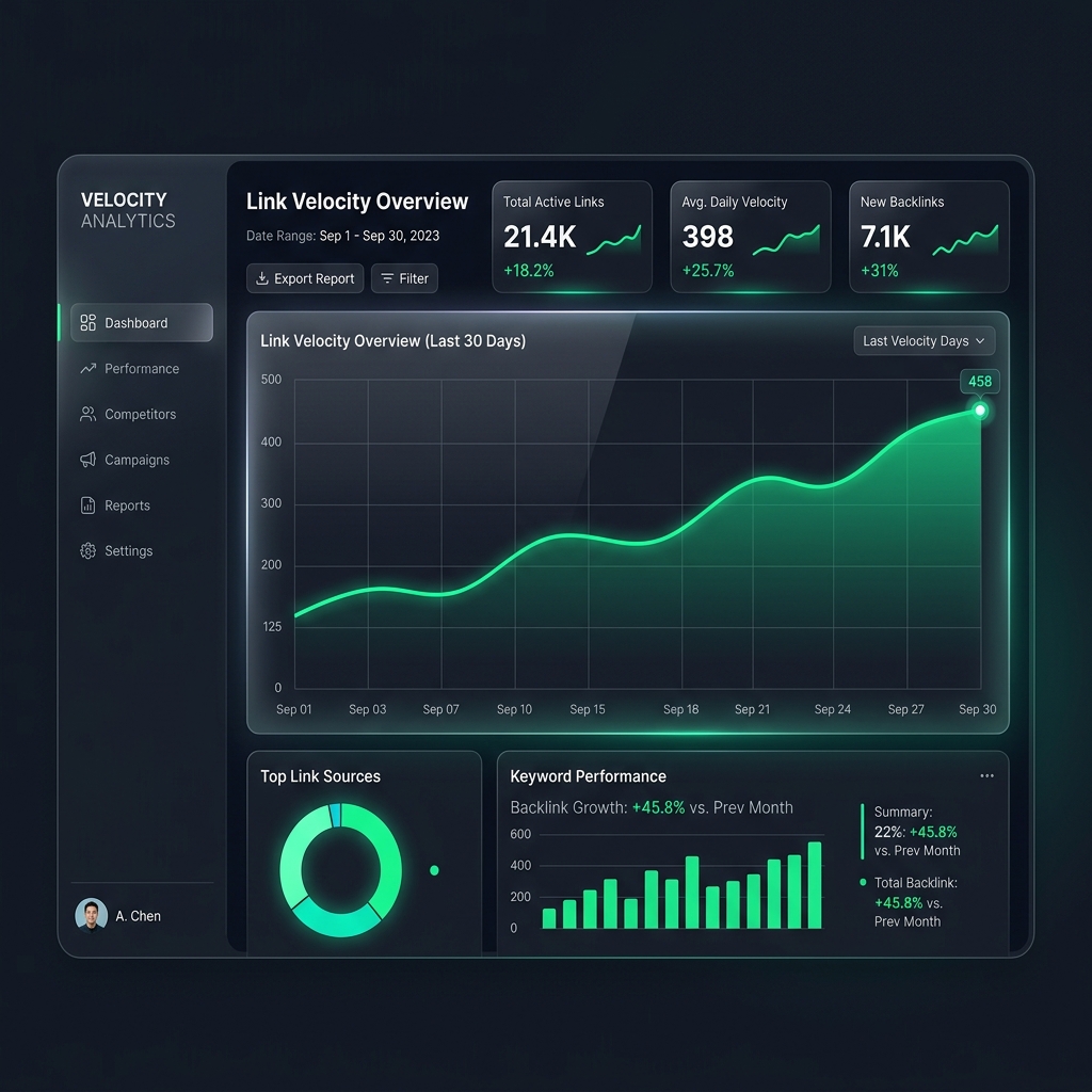 Dark-mode dashboard zobrazující graf Link Velocity