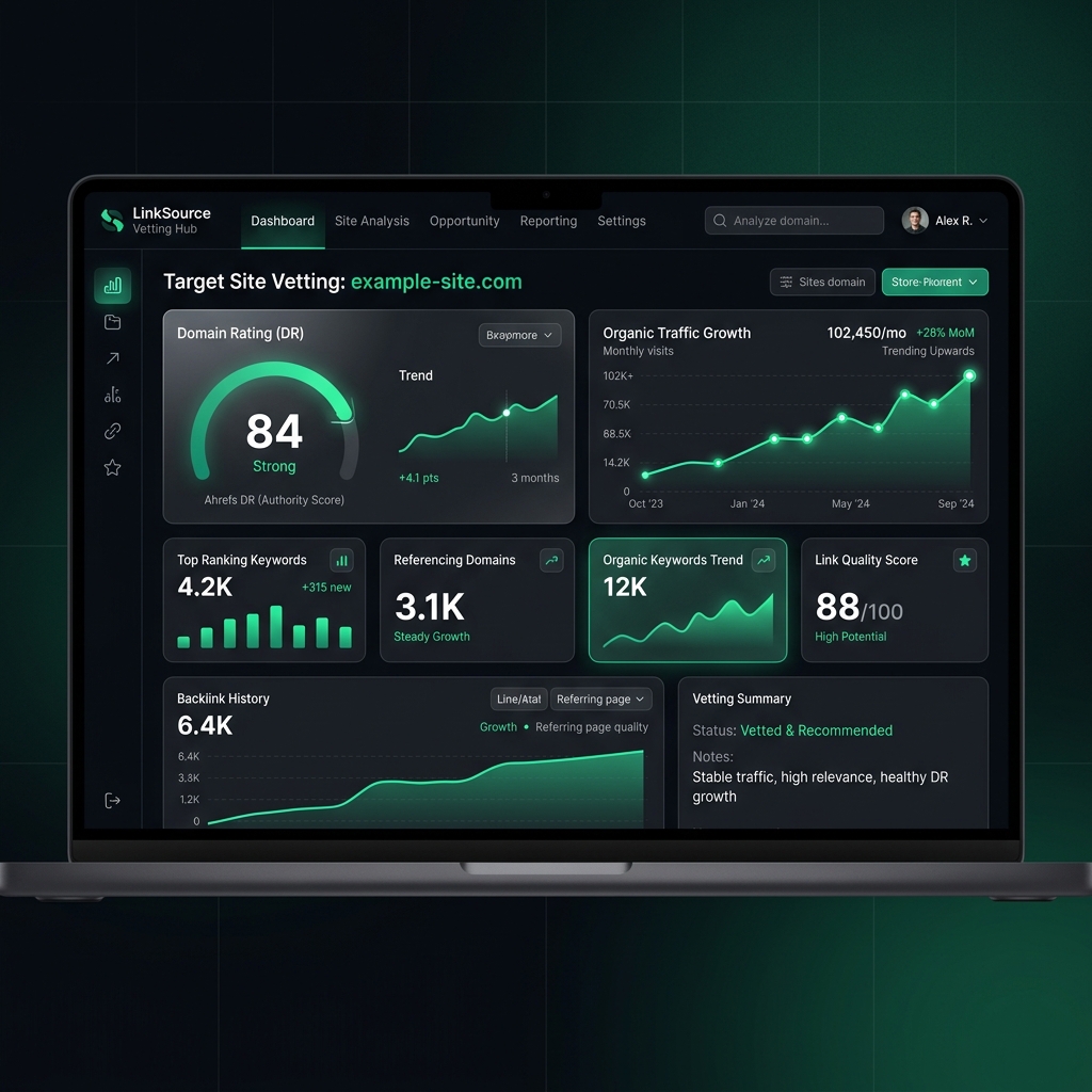 Dark-mode dashboard pro evaluaci SEO metrik a organické návštěvnosti