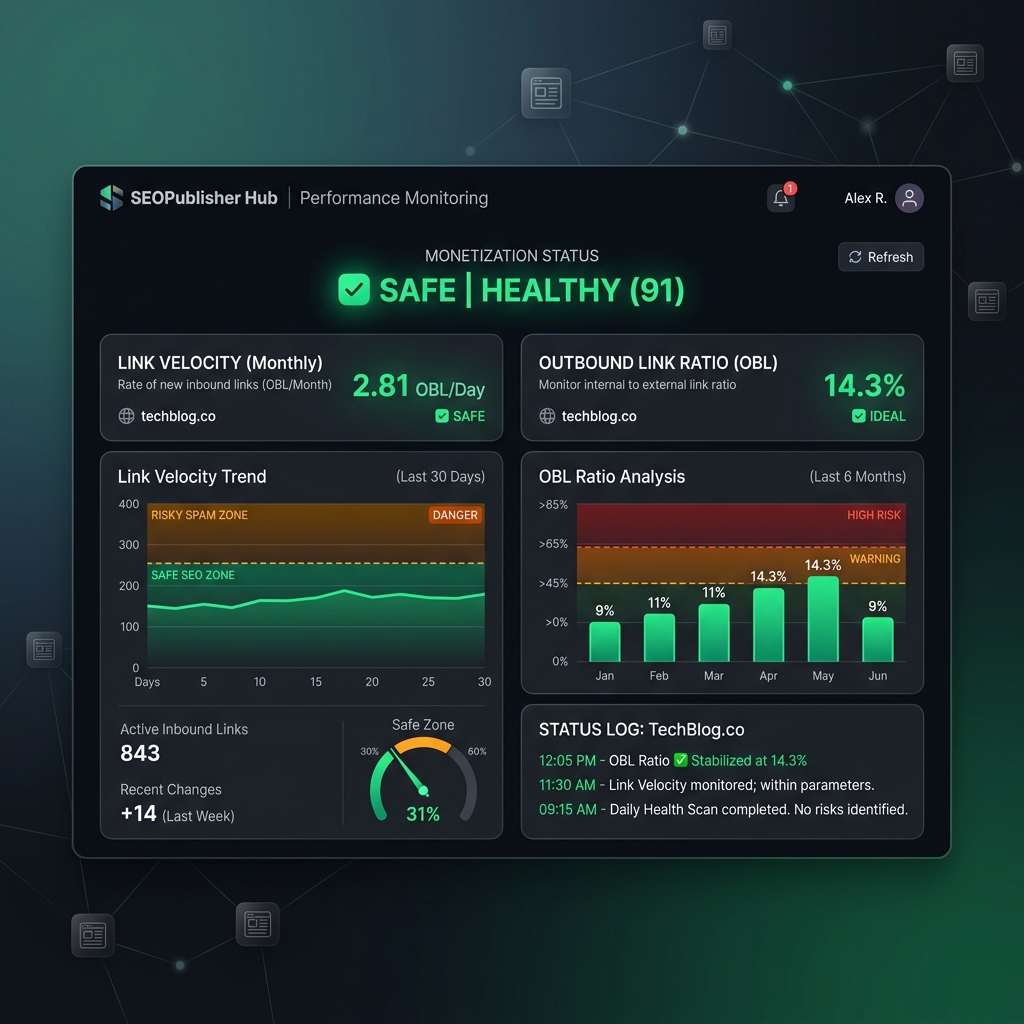 Dark-mode SEO dashboard analyzující metriku Outbound Link Ratio