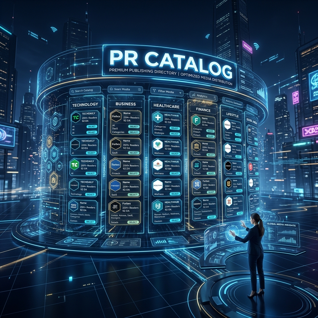 Katalog PR webů (2026): Jak vybrat ty správné pro vaše SEO 1 Vizuální zachycení moderní digitální databáze (Katalogu) prémiových vydavatelů pro nákup PR a SEO prostoru